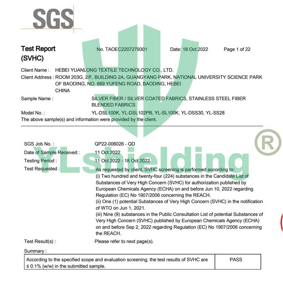 The Latest REACH (SVHC) Test Report for Our Silver and Stainless Steel Fiber Fabrics